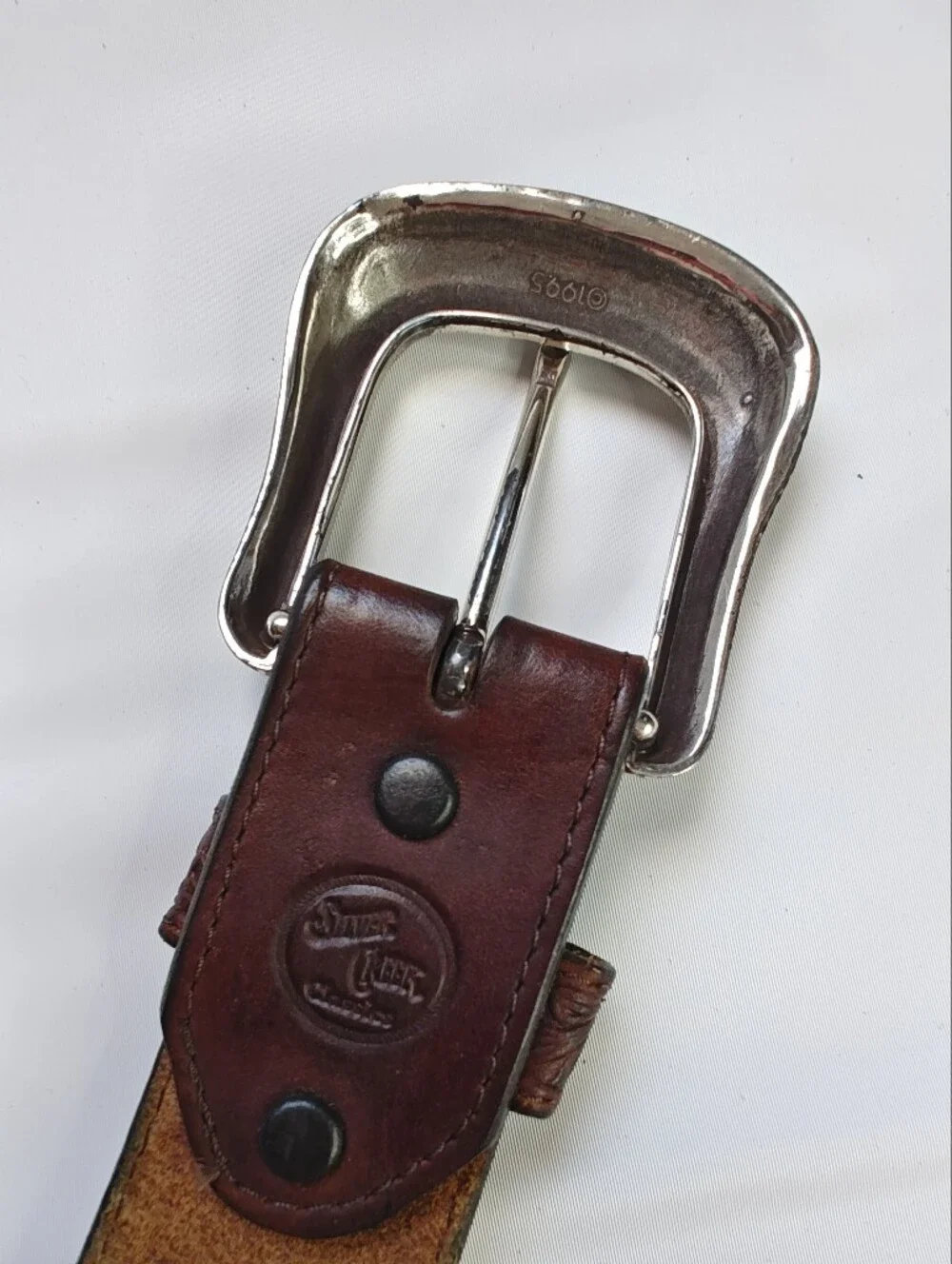 Silver Creek Vintage 1995 Tooled Leather Western Belt Brown Silver Buckle 38
